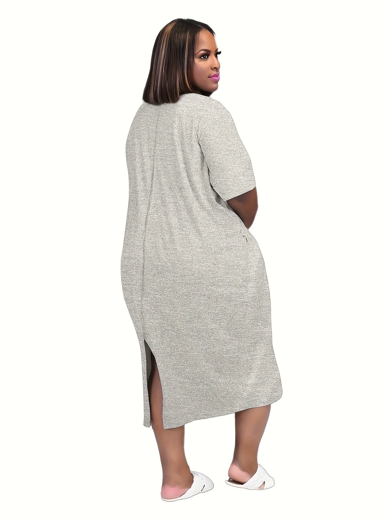 Antmvs Plus Size Figure & Letter Print Short Sleeve Tee Dress, Women's Plus Slight Stretch Casual Tee Dress