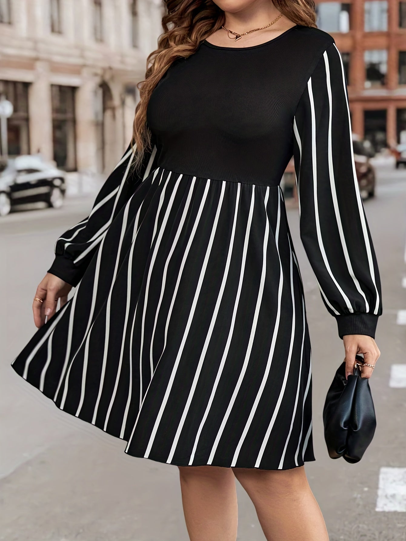 Antmvs Plus Size Casual Dress, Women's Plus Colorblock Stripe Print Long Sleeve Round Neck Slight Stretch A-line Dress