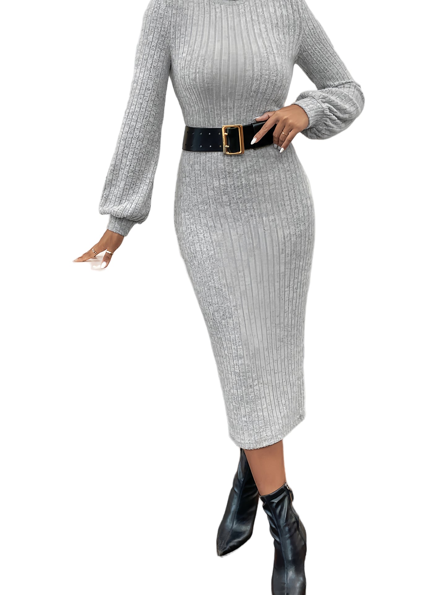 Antmvs Ribbed Turtle Neck Dress, Casual Long Sleeve Dress For Fall & Winter, Women's Clothing