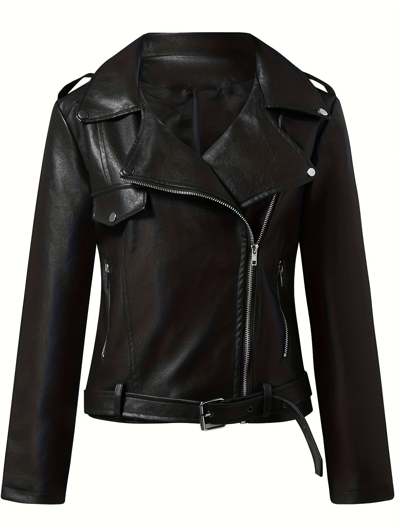 Antmvs Plus Size Street Style Jacket, Women's Plus Solid PU Leather Buckle Long Sleeve Zipper Lapel Collar Motorcycle Jacket