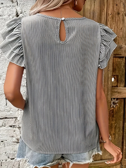 Plus Size Stripe Print Crew Neck Blouse - Soft Polyester Vacation Shirt with Ruffled Layered Sleeves for Spring, Summer, and Fall - Relaxed Fit, Non-Stretch, Woven Fabric, and Random Printing