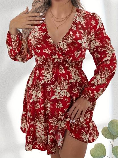 Antmvs Plus Size Boho Dress, Women's Plus Floral Print Lantern Sleeve Surplice Neck Shirred Waist Ruffle Hem Dress