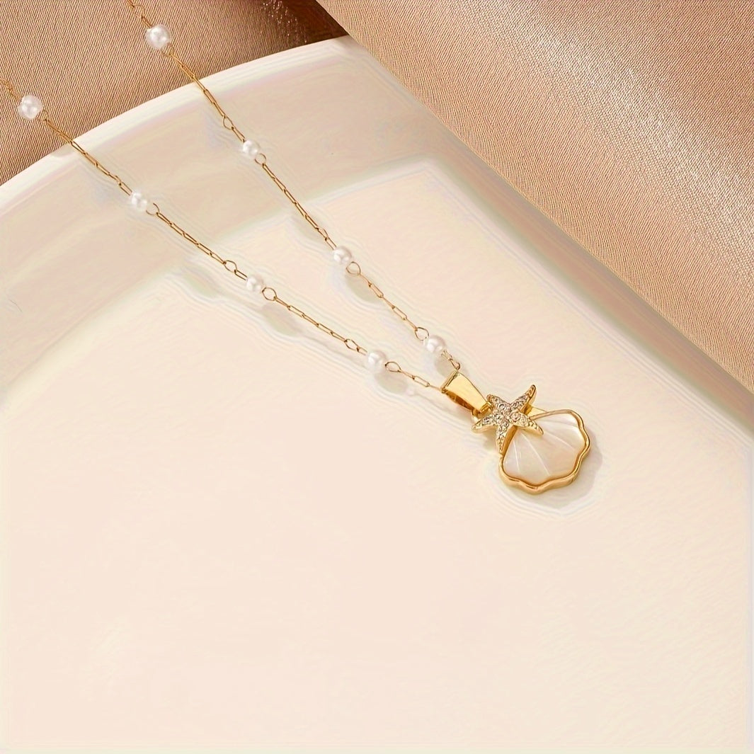 A Stainless Steel Chain With Shell Inlay, 18K Gold Plated, Retro Style, Ideal For Daily Wear And Gift To Women