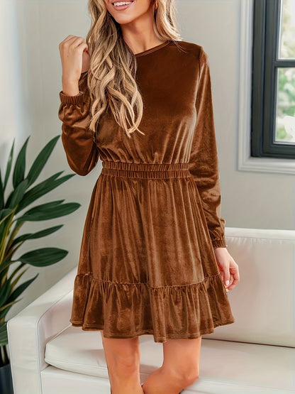 Antmvs Solid Velvet One-shoulder Dress, Casual Long Sleeve Cinched Waist Ruffle Hem Dress For Spring & Fall, Women's Clothing