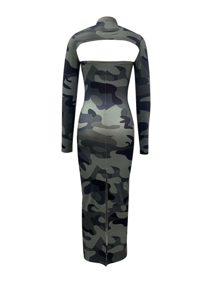 Antmvs Camo Print Slim Two-piece Dress Set, Mock Neck Shrug Top & Slit Tube Dress Outfits, Women's Clothing