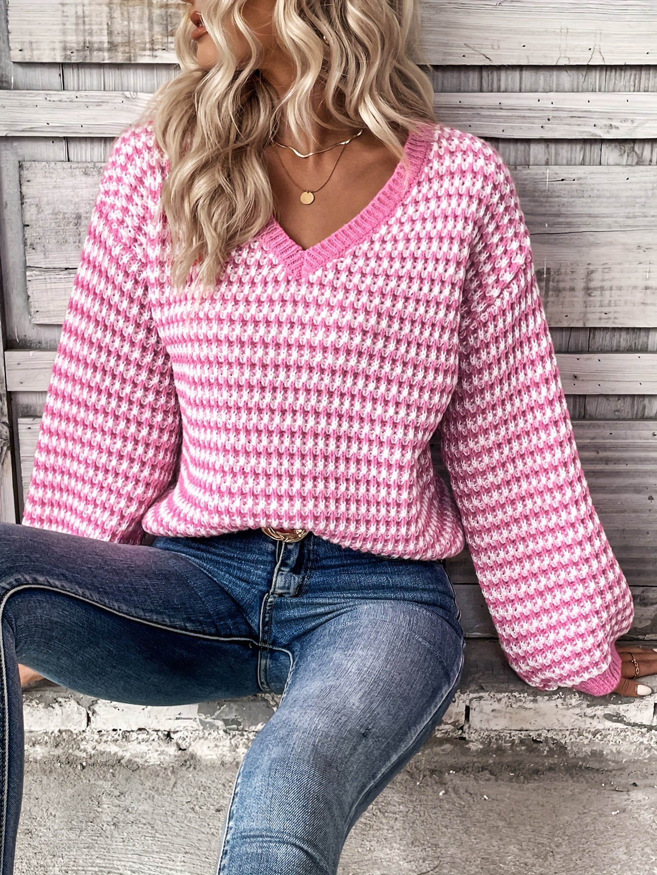 Antmvs Striped V Neck Pullover Sweater, Casual Long Sleeve Drop Shoulder Sweater, Women's Clothing