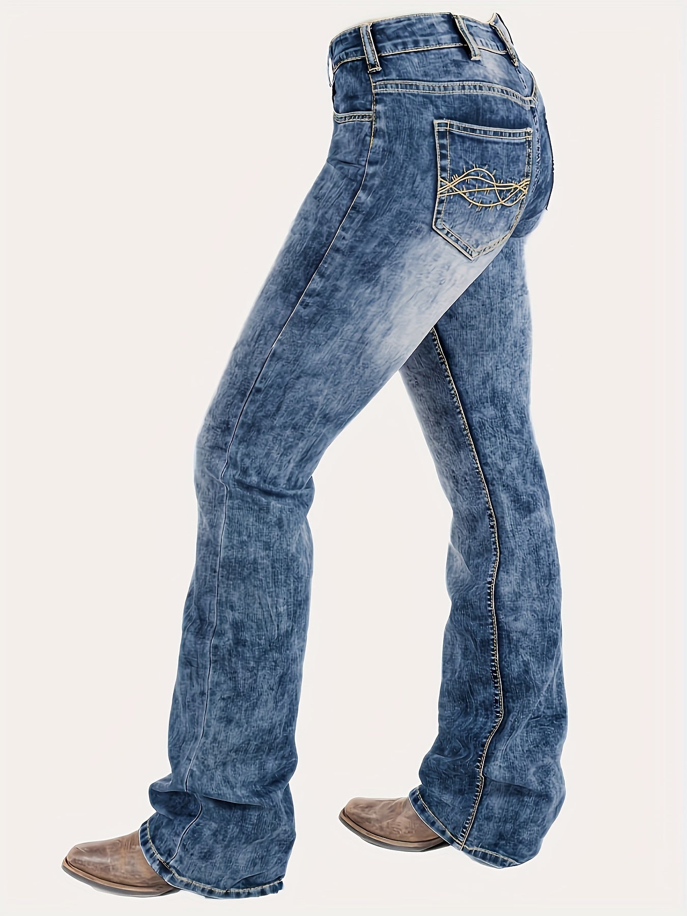 Antmvs Blue Whiskered Bootcut Jeans, Mid-Stretch Slant Pockets Mid Waist Versatile Denim Pants, Women's Denim Jeans & Clothing