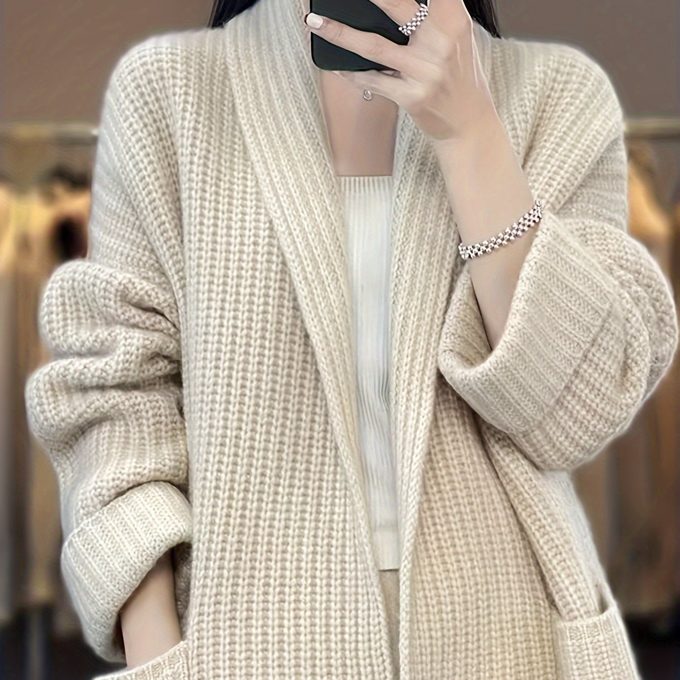 Antmvs Solid Open Front Knit Cardigan, Casual Long Sleeve Oversized Sweater Coat With Pocket, Women's Clothing