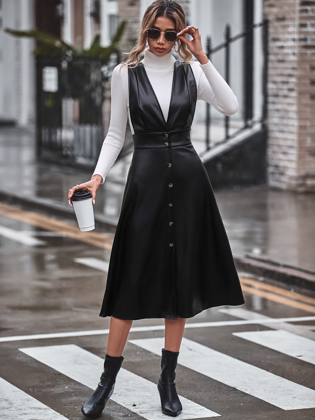 Antmvs Faux Leather Button Decor Dress, Stylish Plunge Neck A-line Dress, Women's Clothing