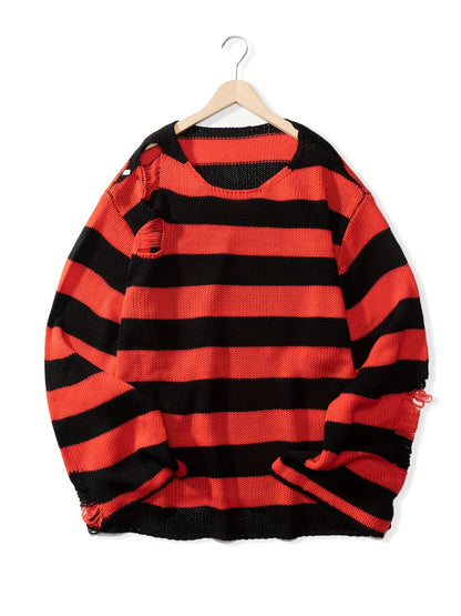 Antmvs All Match Knitted Ripped Striped Sweater, Men's Casual Warm Slightly Stretch Crew Neck Pullover Sweater For Fall Winter