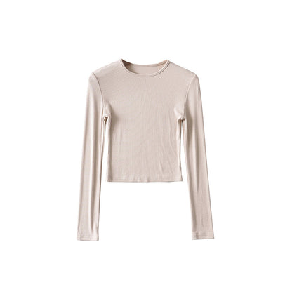 Antmvs Willy Solid Color Ribbed Round Neck Slim Long Sleeve Cropped Bodysuit Top