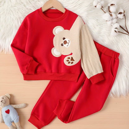 2pcs Boy's Bear Embroidered Pullover Outfit, Sweatshirt & Sweatpants With Pockets Set, Casual Long Sleeve Top, Kid's Clothes For Spring Fall Winter, As Gift