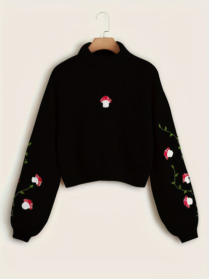 Antmvs Mushroom Print Turtleneck Knit Sweater, Casual Solid Long Sleeve Sweater, Women's Clothing