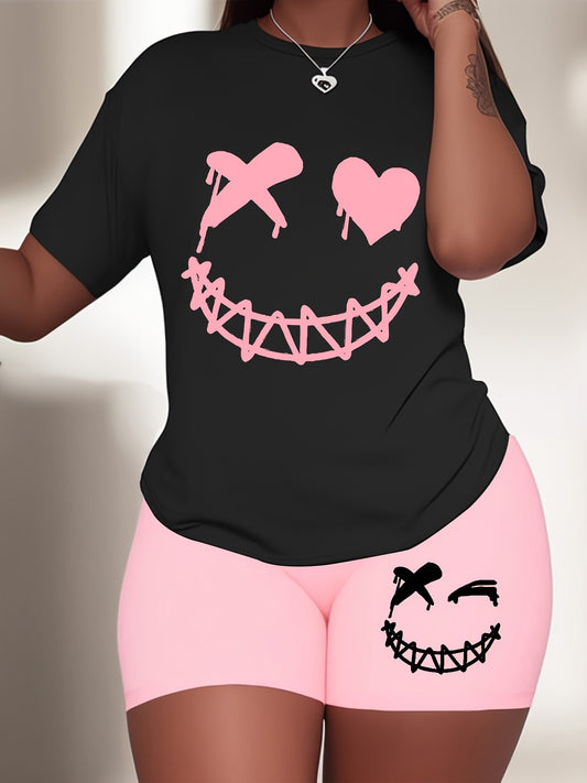 2-Piece Plus Size Sporty Outfit Set - Plus Size Sports Sets - Short Sleeve Graphic T-Shirt with Pinkish Heart Smile Face Design, Matching Pinkish Shorts for Casual Summer Wear, Comfortable and Breathable Fabric, Relaxed Fit