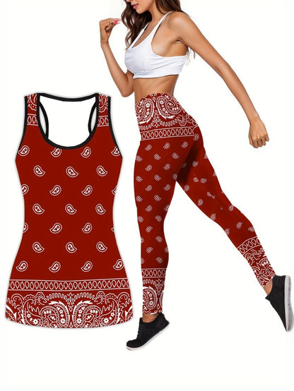 Plus Size Two Piece Sports Outfits Set - Women's Boho Chic Paisley Print Racer Back Tank Top & Leggings for Yoga, Running, Fitness, and Active Wear with Slight Stretch