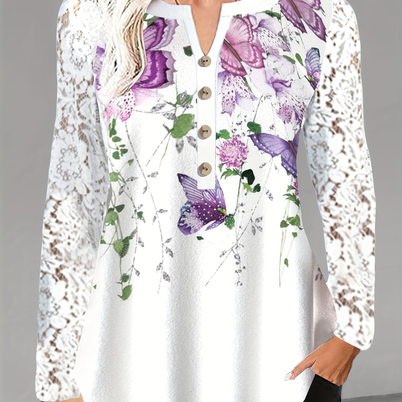 Plus Size Floral Delight Blouse - Lace Trimmed V Neck, Flowy Long Sleeves - Perfect Spring Fashion for Women