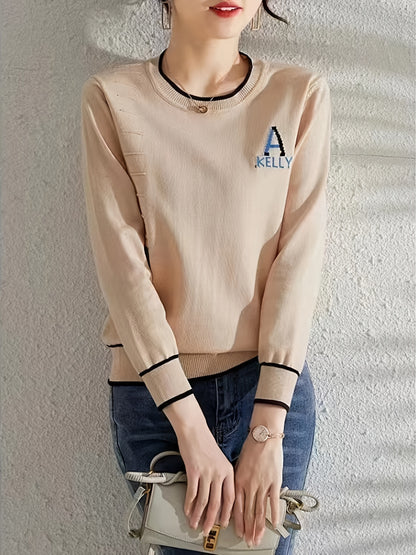 Antmvs Letter A Graphic Sweater, Long Sleeve Crew Neck Casual Sweater For Spring & Fall, Women's Clothing