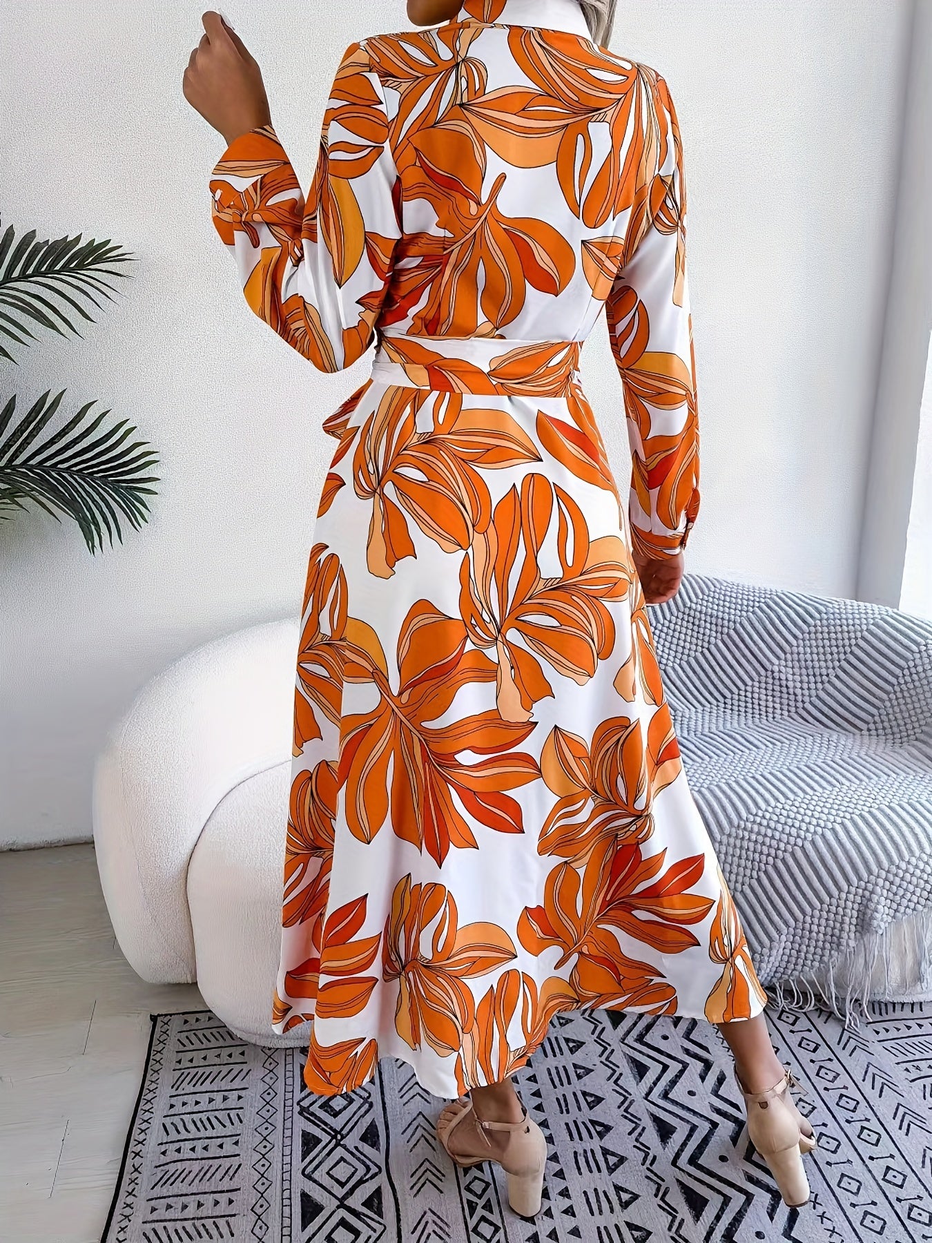 Antmvs Floral Print Button Front Dress, Elegant Long Sleeve Midi Dress, Women's Clothing