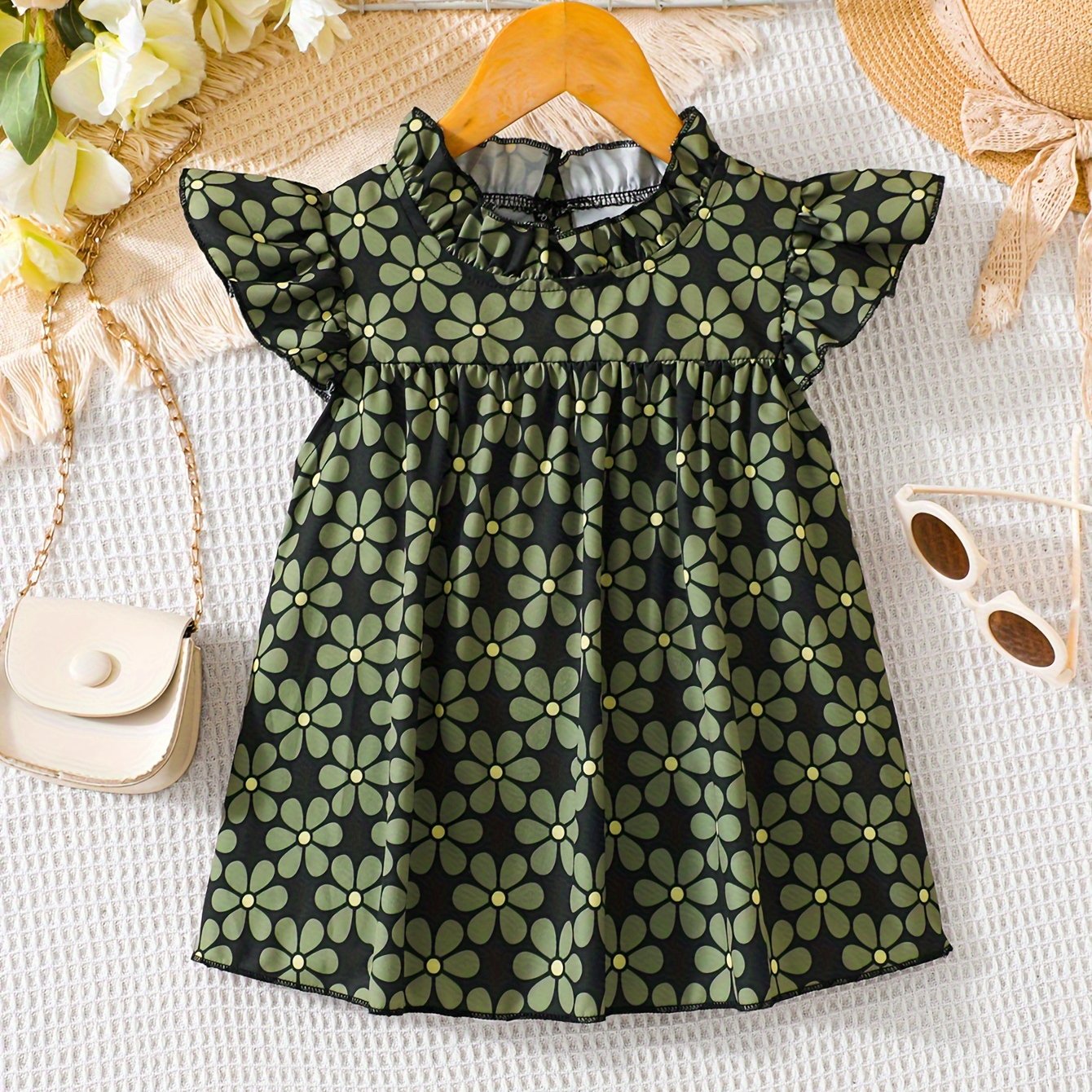 Olive Green Floral Girls Elegant Sleeveless Top - Delicate Ruffled Collar, Flutter Cap Sleeves, Beautiful Pleated Trim - Perfect for Summer Fashion and Outdoor Activities