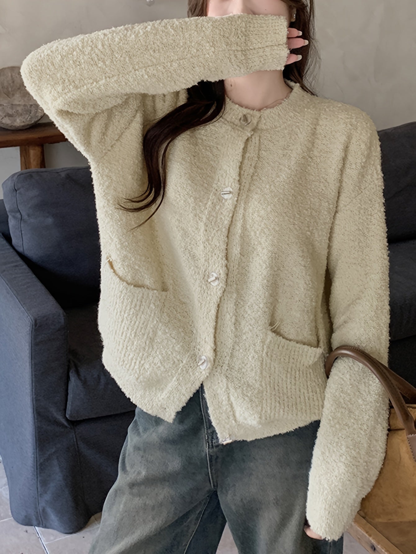 Antmvs Solid Button Up Knit Cardigan, Casual Long Sleeve Fuzzy Pocket Sweater, Women's Clothing