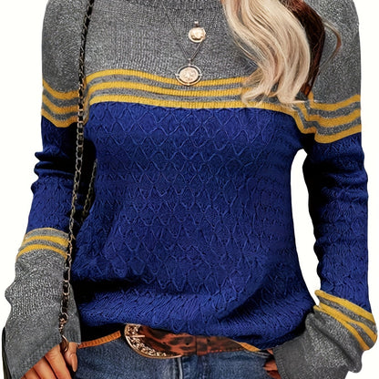 Antmvs Color Block Boat Neck Knitted Top, Casual Long Sleeve Pullover Sweater For Fall & Winter, Women's Clothing
