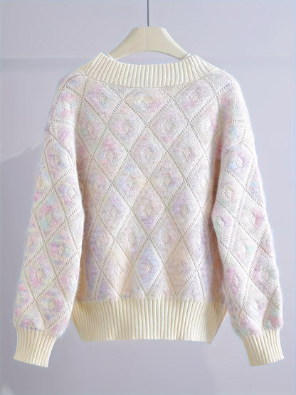 Antmvs Argyle Pattern Button Down Knit Cardigan, Elegant V Neck Long Sleeve Sweater, Women's Clothing