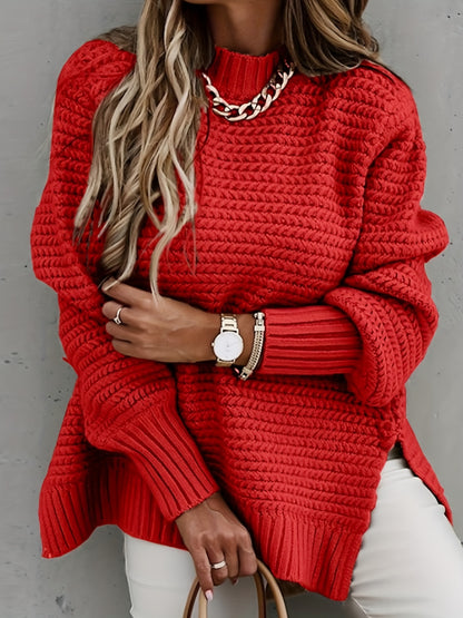 Antmvs Solid Mock Neck Chunky Knit Sweater, Casual Long Sleeve Split Pullover Sweater For Fall & Winter, Women's Clothing
