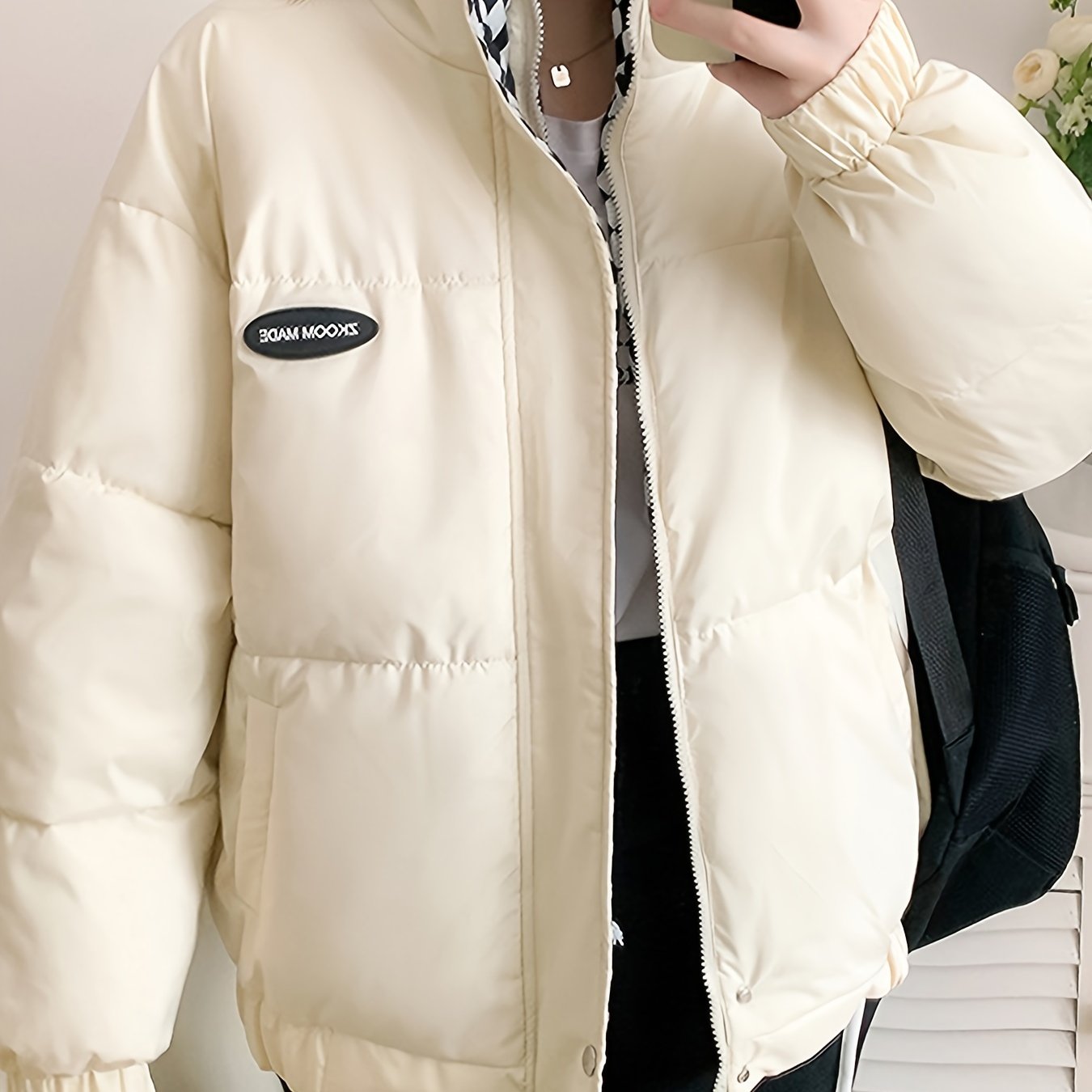 Antmvs Solid Puffy Warm Coat, Casual Zip Up Long Sleeve Winter Outerwear, Women's Clothing