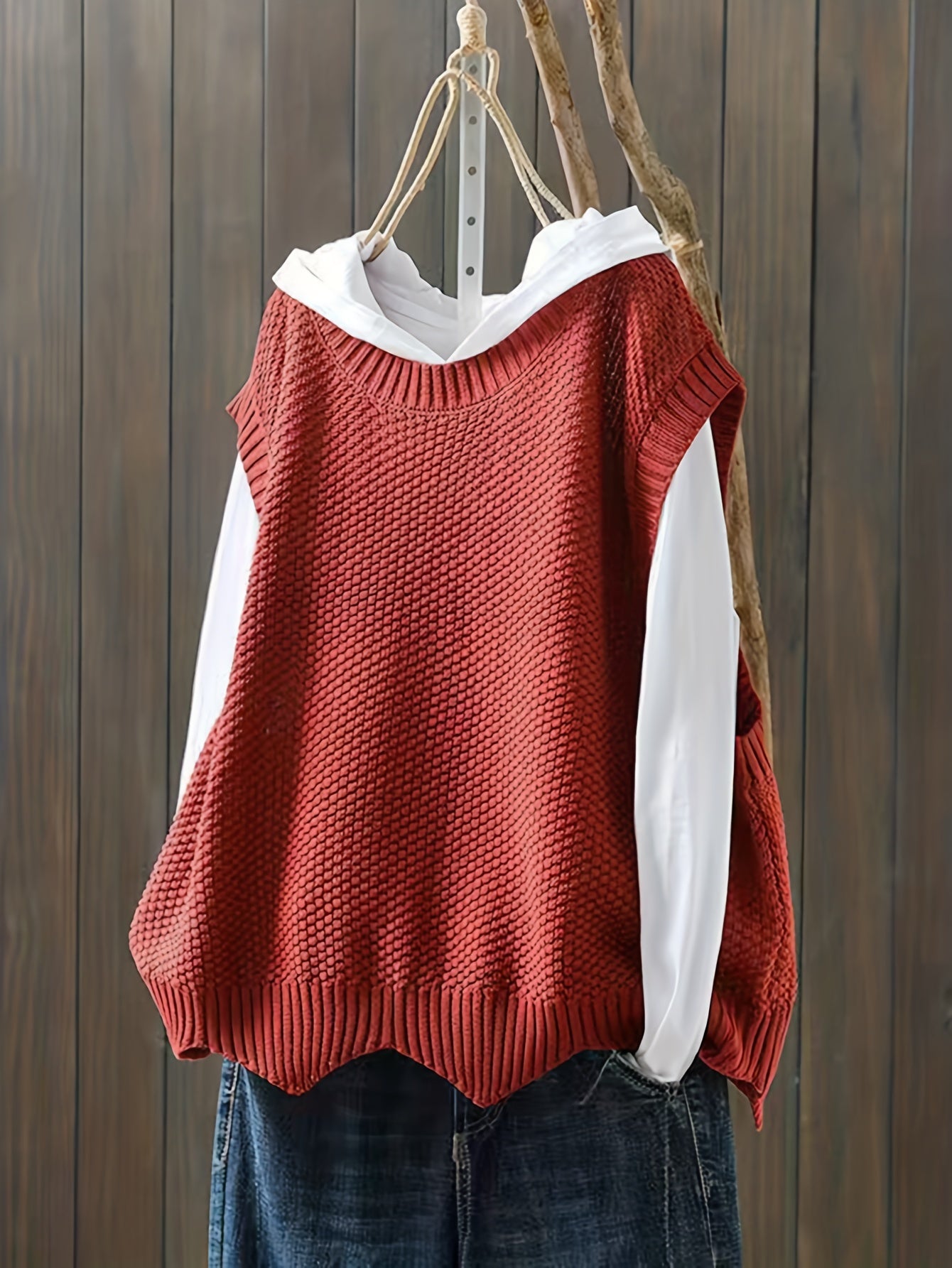 Antmvs Solid Crew Neck Knitted Vest, Casual Sleeveless Loose Sweater, Women's Clothing