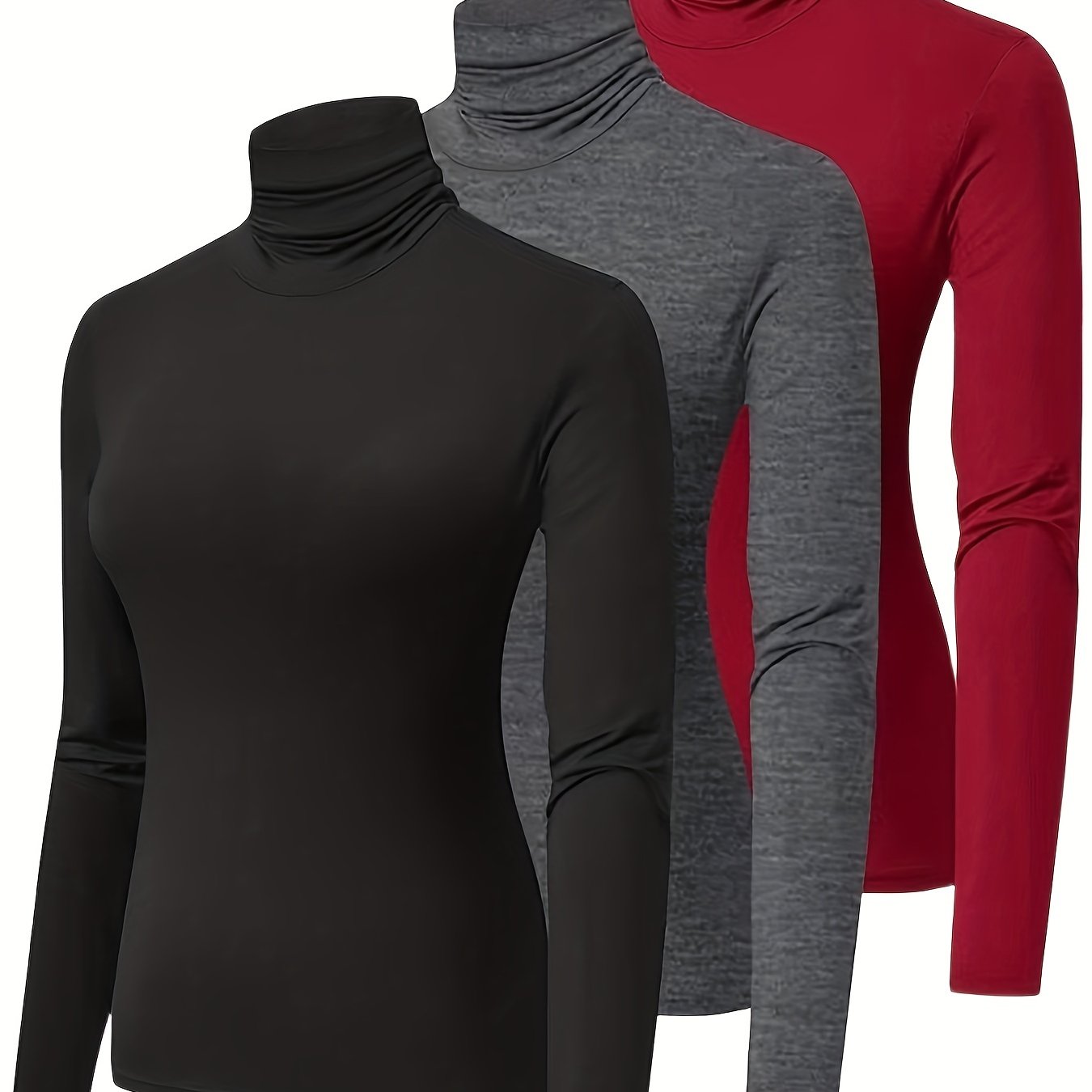 Antmvs 3 Packs Turtleneck T-Shirts, Casual Long Sleeve Top For Spring & Fall, Women's Clothing