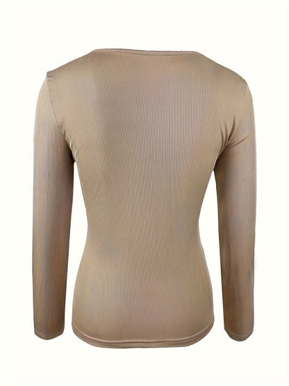 Antmvs Ribbed Buckle Front T-Shirt, Casual Long Sleeve Top For Spring & Fall, Women's Clothing