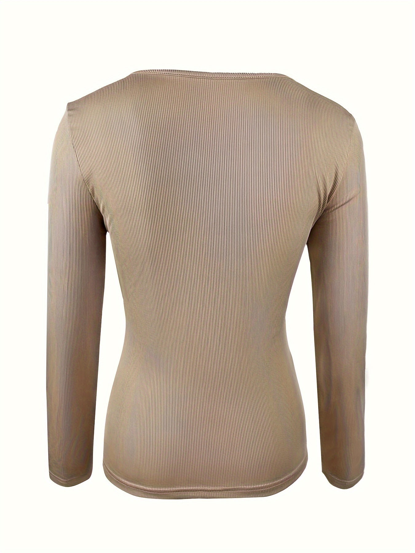 Antmvs Ribbed Buckle Front T-Shirt, Casual Long Sleeve Top For Spring & Fall, Women's Clothing