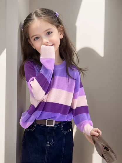 Vibrant Contrast Color Knit Sweater for Girls - Soft, Loose, Comfy Crew Neck Pullover with Long Sleeves, Perfect for Fall and Spring Season, Casual Knitwear Tops for Everyday Wear