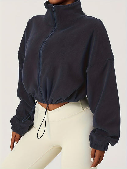 Antmvs Women's Warm Fleece Crop Jacket With Zipper And Drawstring - Perfect For Casual Sports And Outdoor Activities