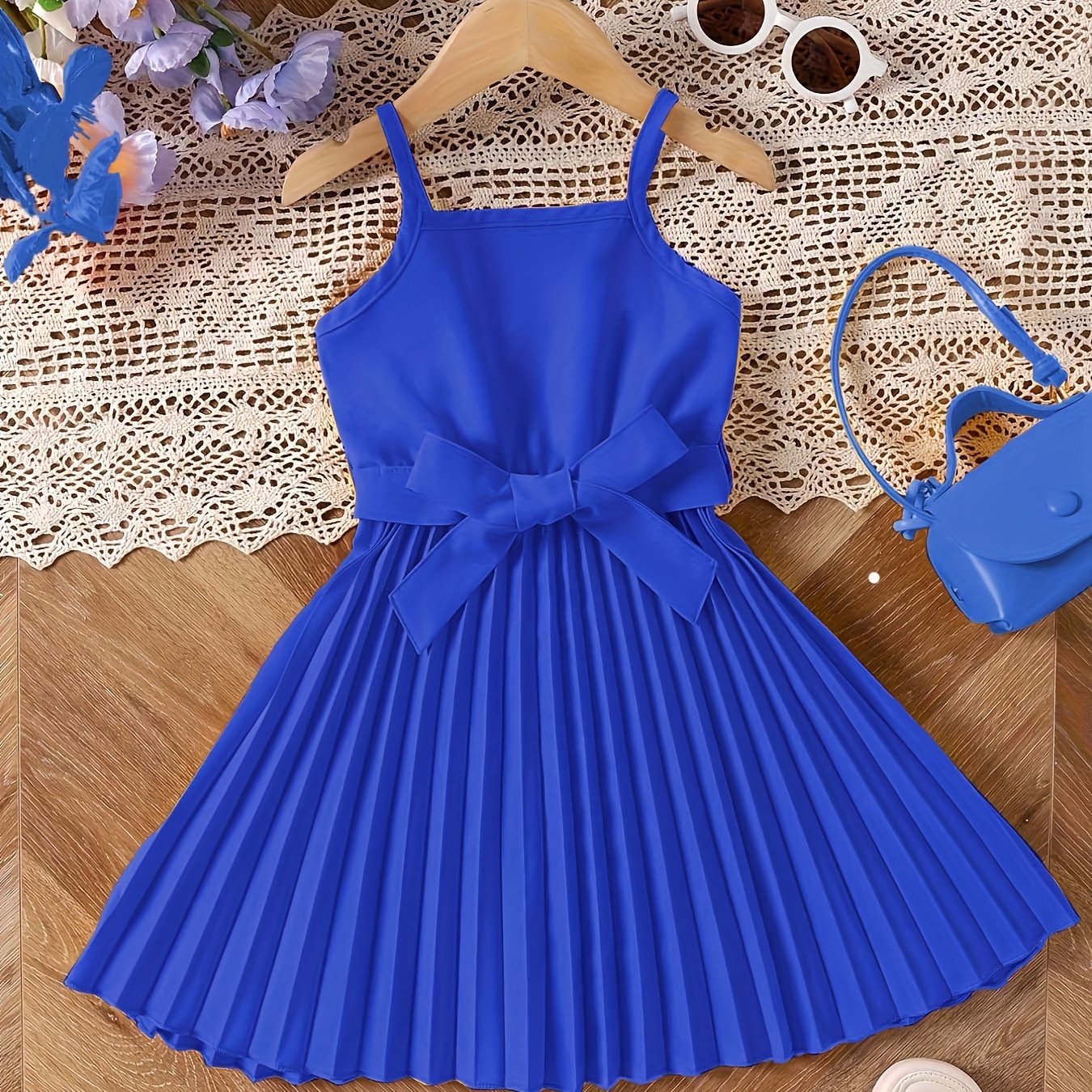 Girls' Elegant Smocked Dress - Charming Bow Belt Detail - Perfect for Summer Parties & Outdoor Events - Chic Sleeveless Cami Style