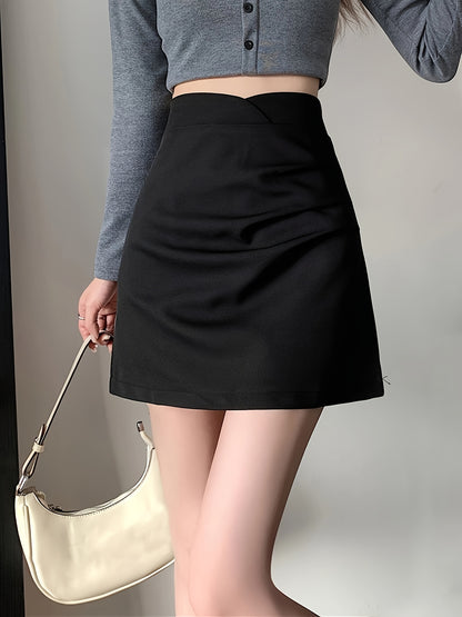 Antmvs Solid High Waist Ruched Skirt, Casual A Line Mini Skirt, Women's Clothing