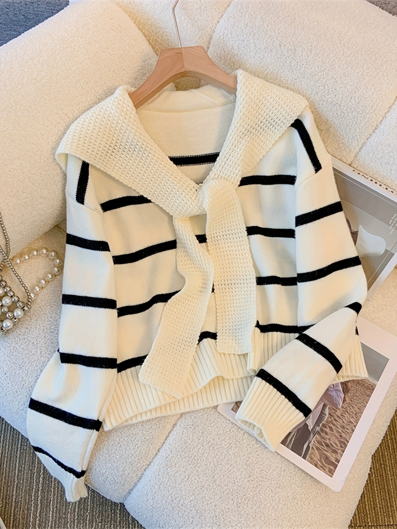 Antmvs Striped Knitted Pullover Sweater, Casual Long Sleeve Sweater For Fall & Winter, Women's Clothing
