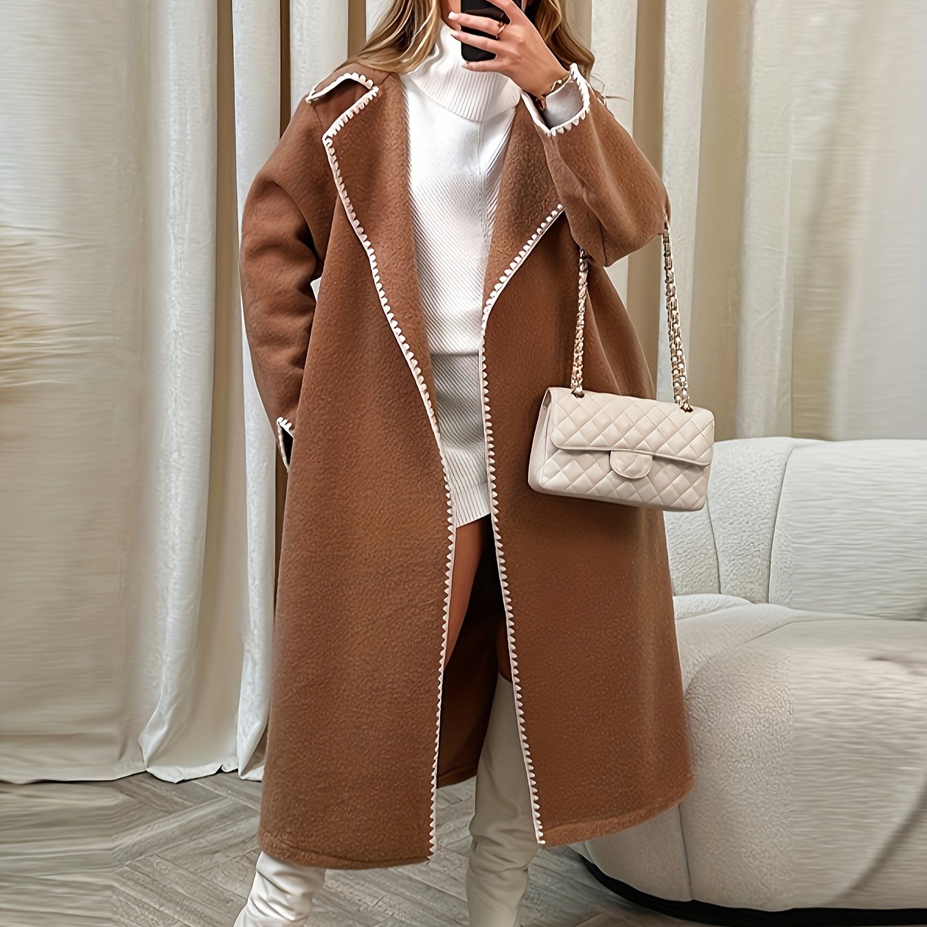 Antmvs Contrast Trim Open Front Coat, Elegant Lapel Long Sleeve Fall & Winter Outerwear, Women's Clothing