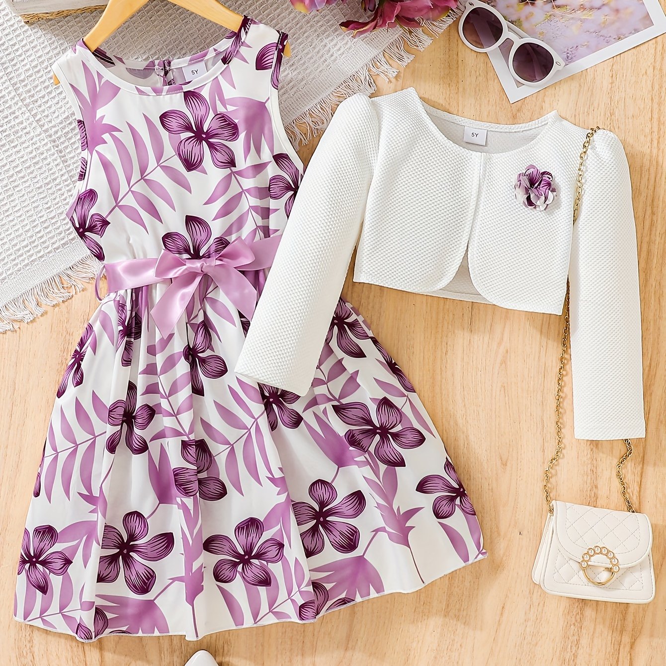 2pcs Little Girl Butterfly Dresses Outfit Floral Tank Dress And Graphic Cardigan Top Set, For Cute And Casual Look, Kids Clothing Gift