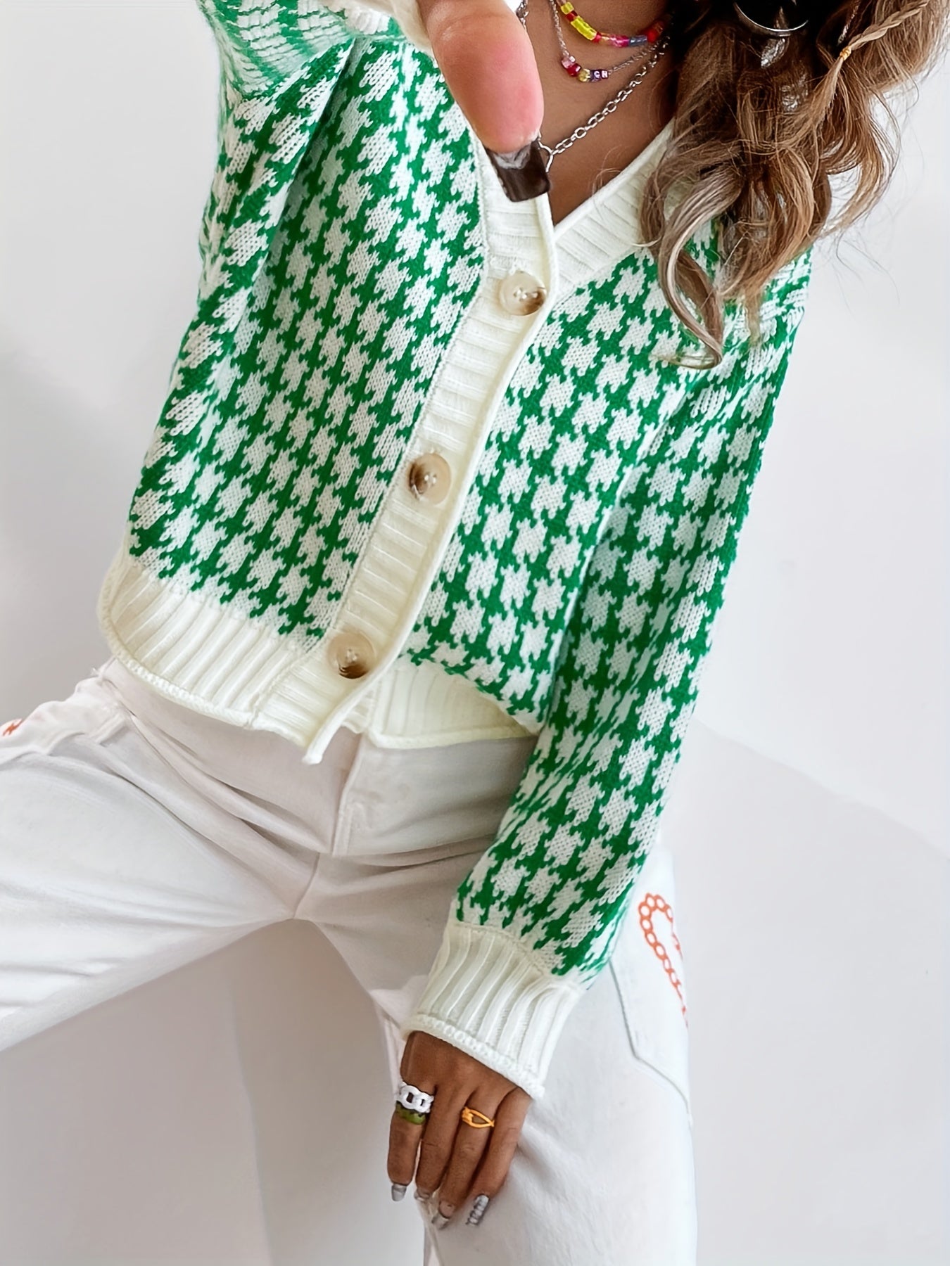 Antmvs Preppy Houndstooth Pattern Cardigan, Y2K Button Front Knitted Cardigan, Women's Clothing