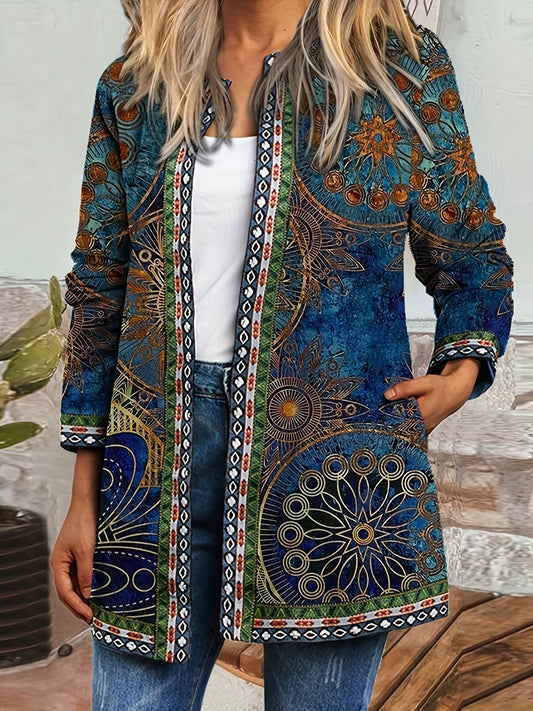 Antmvs Plus Size Boho Coat, Women's Plus Geometric Print Long Sleeve Open Front Cardigan