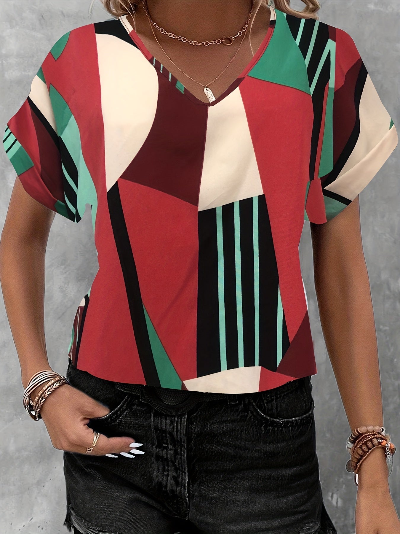 Antmvs  Color Block V-neck Blouse, Casual Short Sleeve Blouse For Spring & Summer, Women's Clothing
