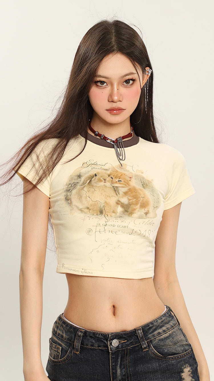 Antmvs Bunny x Kitten Graphic Image Print Short Sleeve Cropped Top