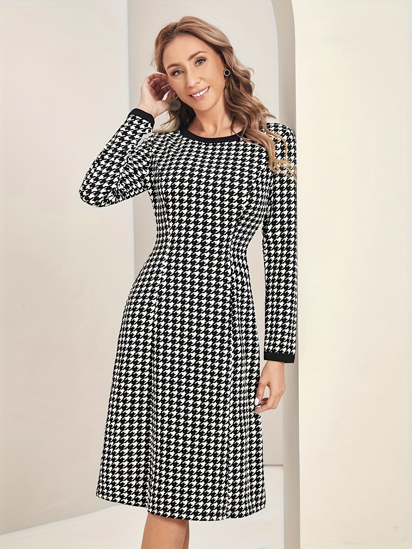 Antmvs Houndstooth Pattern Contrast Trim Dress, Elegant Long Sleeve Crew Neck Dress, Women's Clothing