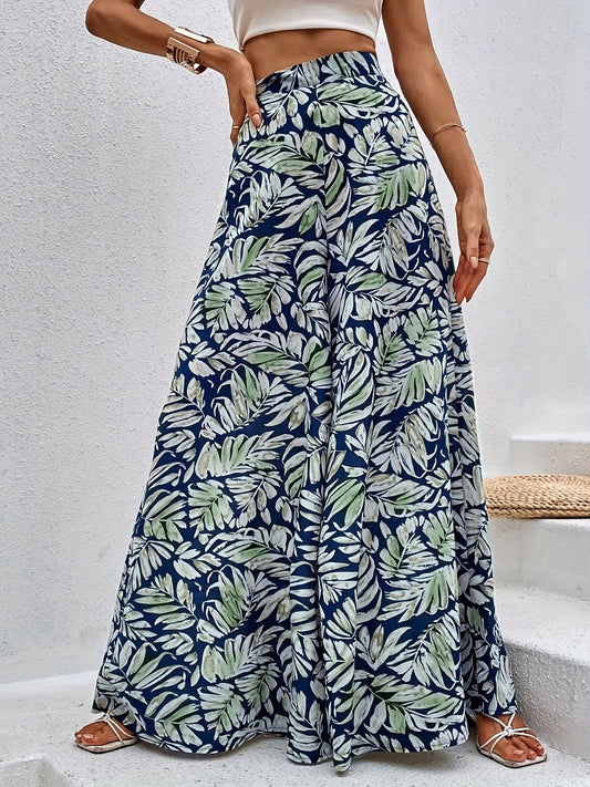 Antmvs Boho Plants Print Pants, Casual High Waist Elastic Wide Leg Summer Beach Palazzo Pants, Women's Clothing