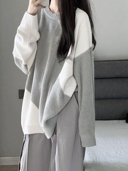 Antmvs Color Block Oversized Pullover Sweater, Casual Crew Neck Long Sleeve Sweater, Women's Clothing