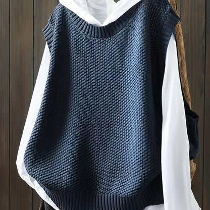 Antmvs Solid Crew Neck Knitted Vest, Casual Sleeveless Loose Sweater, Women's Clothing