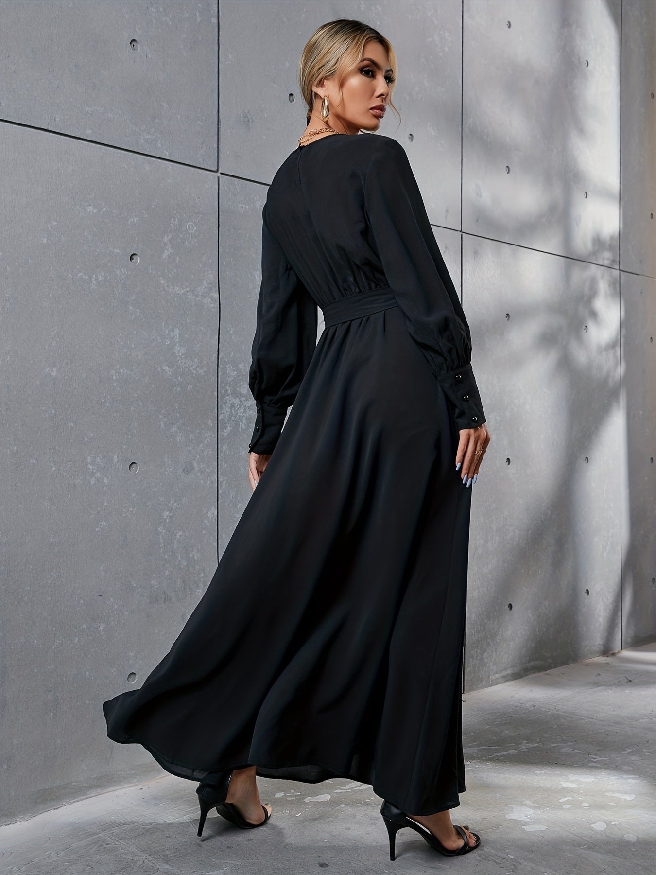 Antmvs Solid Simple Dress, Elegant Crew Neck Long Sleeve Maxi Dress, Women's Clothing