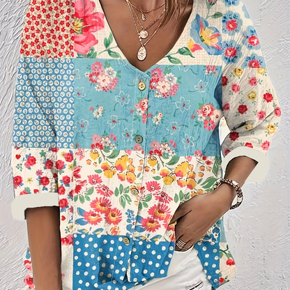 Plus Size Floral Print V Neck Blouse - Elegant Vacation Shirt with Button Front, Slight Stretch Polyester Fabric, and Random Printing - Perfect for Spring, Summer, and Fall Seasons