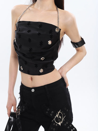 Antmvs Raven Solid Color Black Chain Halter Strap Cropped Top